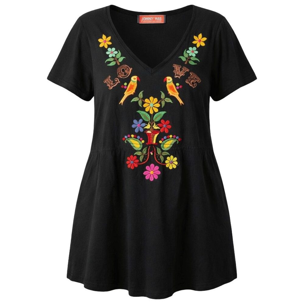 Boho Johnny Was Embroidered Floral Bird Tunic Top Black L
